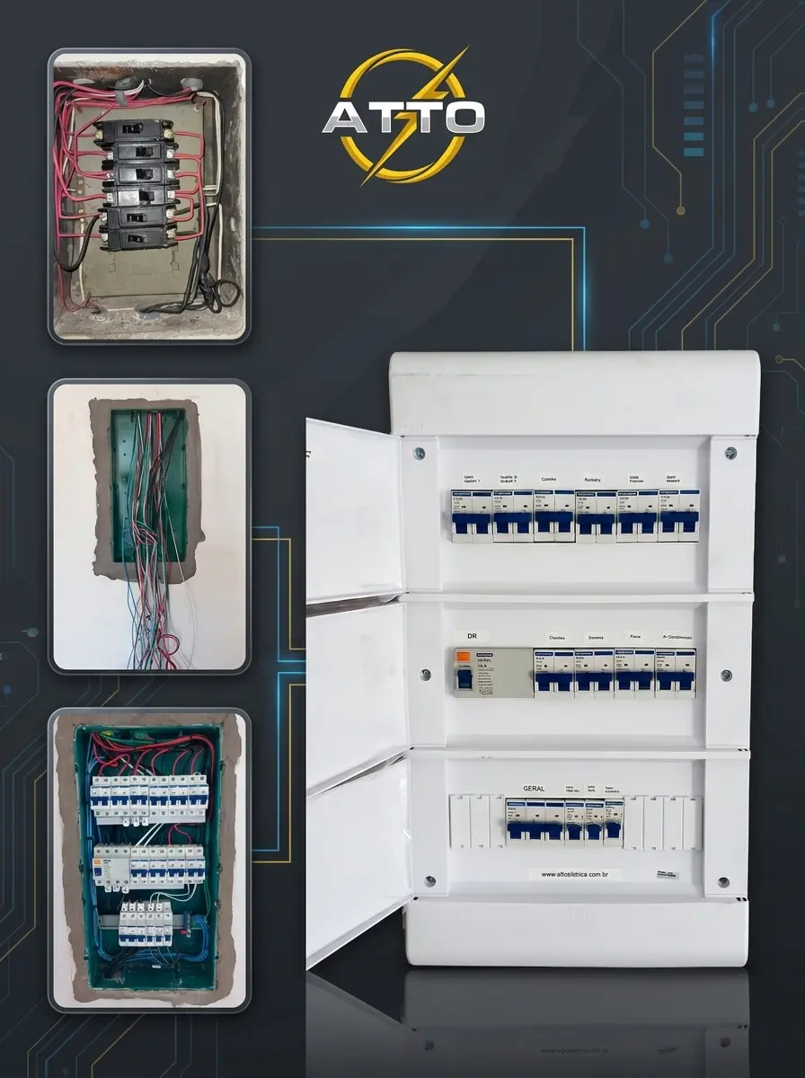 Modernização de quadro elétrico ATTO, mostrando a evolução da instalação antiga para um quadro organizado e atualizado